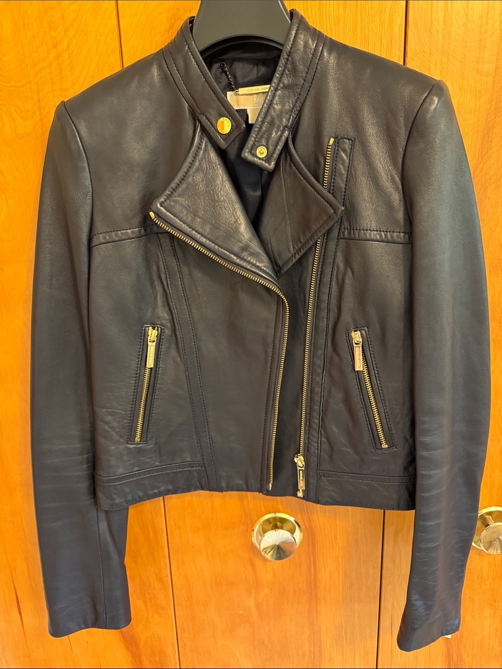 Michael Kors Navy Leather Fitted Moto Jacket with Gold Hardware